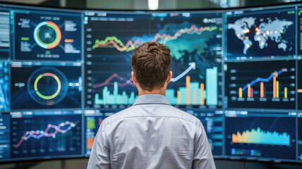 Businessman Working on Multiple Data Screens