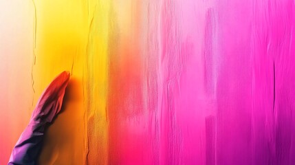 Gloved hand smoothes vibrant paint on a wall, creating a colorful abstract