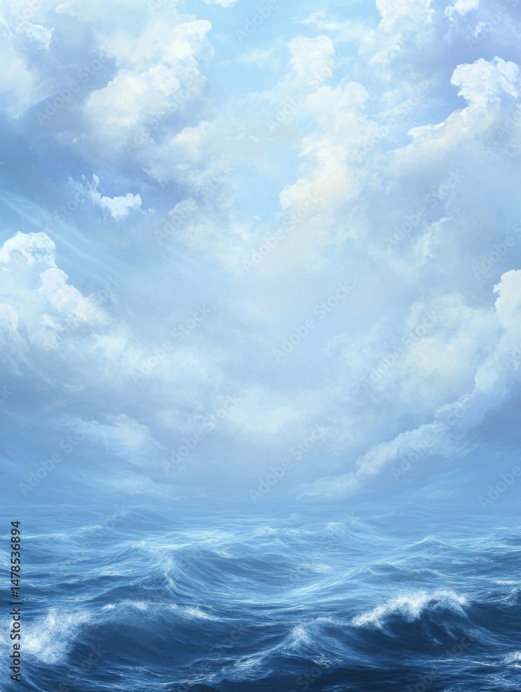 Poster serene ocean view with rolling waves and a cloudy sky from a low angle creating a sense of peace and