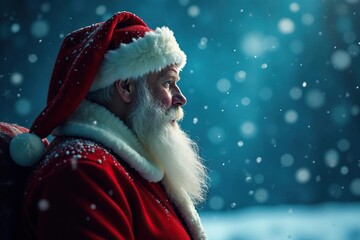 Santa Claus silhouette against a background of falling snowflakes , background, cold, festive