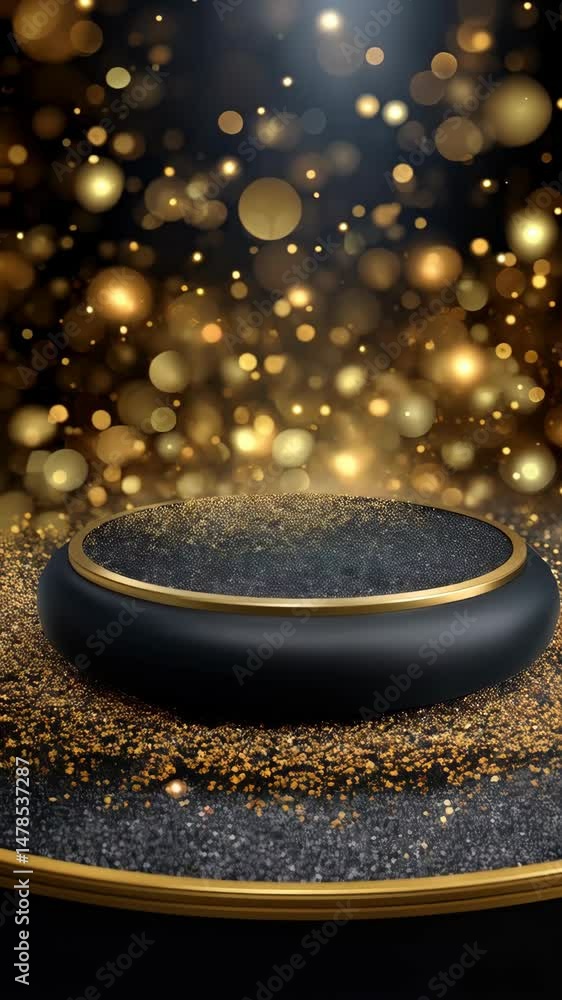 Poster elegant showcase stage featuring black and golden elements against a backdrop of sparkling bokeh lig