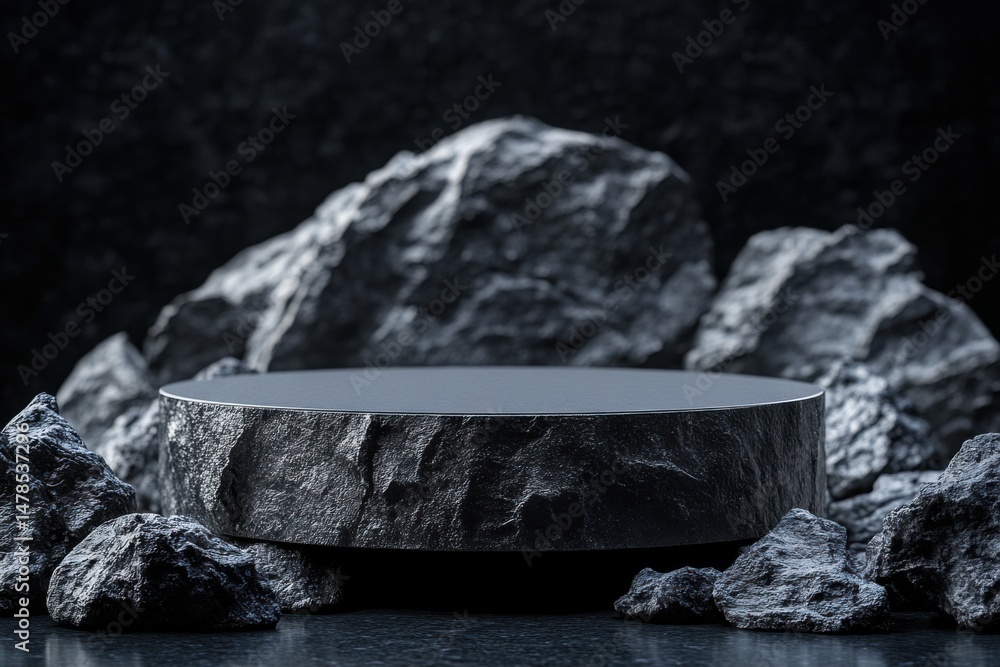 Poster dark stone podium display for product presentation against a backdrop of rocks and boulders in a stu
