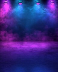 Fototapeta premium Stage with smoke and lights shining down in blue and purple hues studio shot for concert or performance