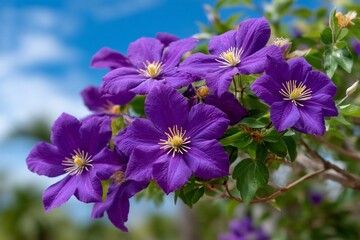 Obraz premium Cluster of vibrant purple flowers against a partly cloudy sky