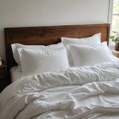 Obraz premium Cozy bed, white linens, morning light