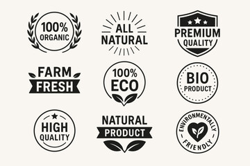 Eco friendly and organic food product vector badges and bio label icons set