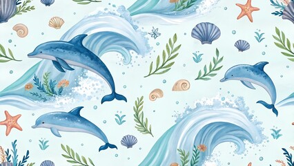 seamless watercolor pattern dolphins seashells
