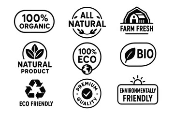 Obraz premium Eco friendly and organic food product vector badges and bio label icons set