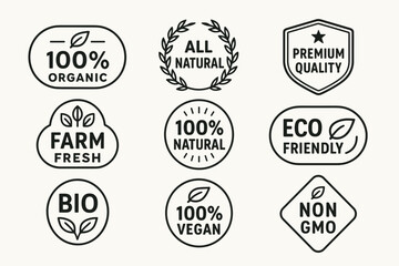 Eco friendly and organic food product vector badges and bio label icons set