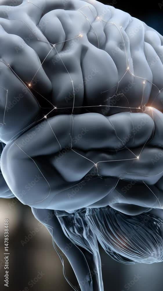 Poster visualization of a human brain with neural network, representing learning, thought process, intellig