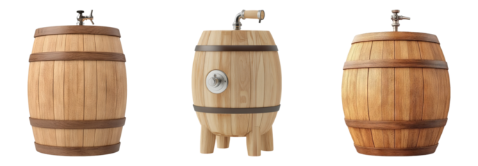 Wooden Barrel Set on Transparent Background for Creative Projects