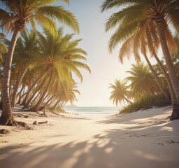 Obraz premium Sun-drenched palm trees arch over pristine sand, vintage film grain , turquoise, aged