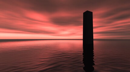 Monolithic structure silhouetted against a vibrant sunset over tranquil waters, evoking mystery