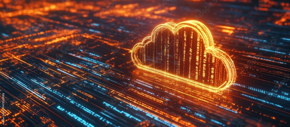 Poster abstract glowing cloud with data stream on dark grid background illustrating innovative technology a