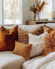 Cozy couch with decorative pillows in earth tones close up interior design home decor living room arrangement
