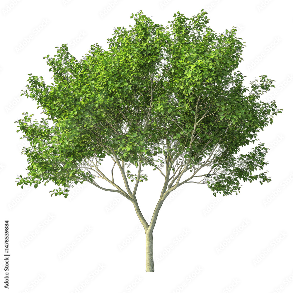 Poster a single green deciduous tree with a light brown trunk isolated on a transparent background it has a