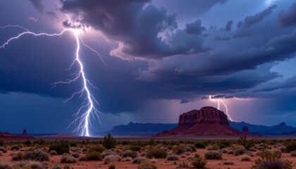 a photograph of a nighttime thunderstorm over a desert landscape