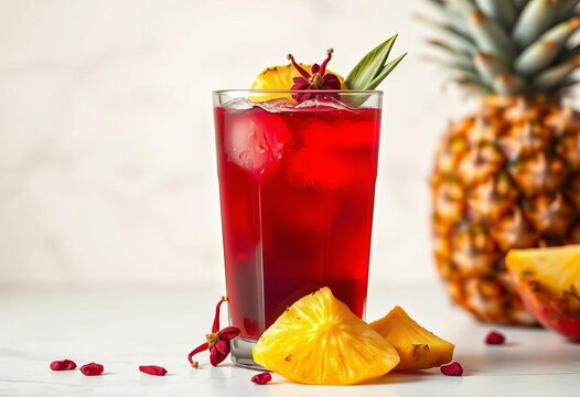 A vibrant glass of Ghanaian Sobolo, garnished with dried hibiscus and fresh pineapple slices, set against a clean background, colorful,  still life