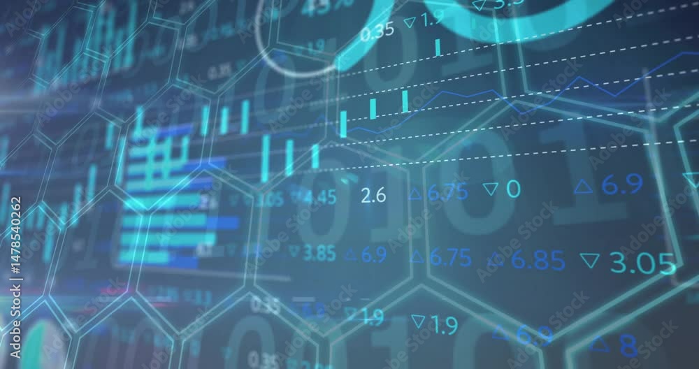 Poster flat hex grid visualizing financial analytics, showing cyan bars, line chart with trend arrows