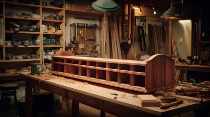 Mahogany bookcase being jointed in a craftsman’s workshop highlighting traditional woodworking techniques and artisanal heritage
