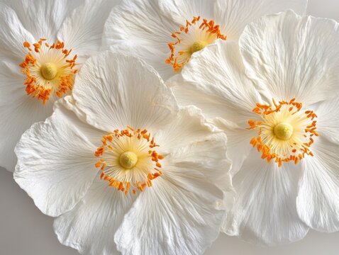 Close-up of Matilija Poppies Blooming in Springtime California; Overhead Shot of Romneya Coulteri Flowers with White Petals and Yellow Centers