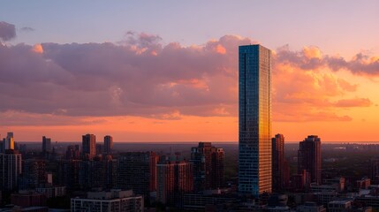 Obraz premium Marvel at a Glass Skyscraper Soaring Above Urban Skyline at Sunset with Reflective Modern Architecture