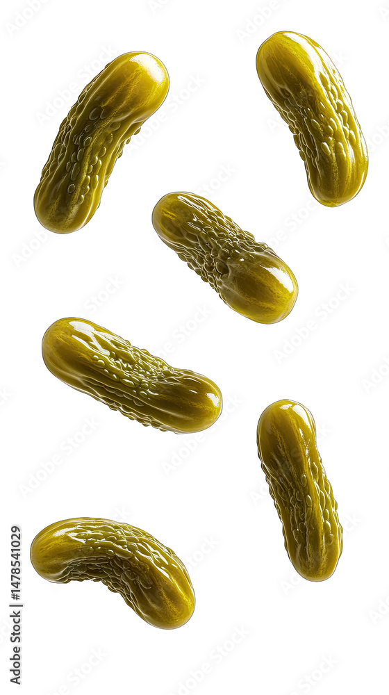 Poster a group of six dill pickles falling in mid-air isolated on a transparent background the pickles are 