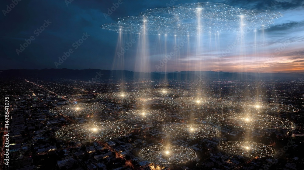 Aufkleber an aerial view reveals a network of interconnected drone delivery hubs each emitting radiant beams o