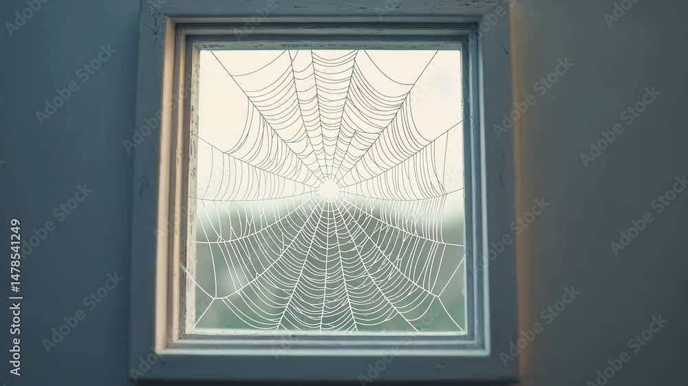 Aufkleber spider web in a window frame with natural light shining through.