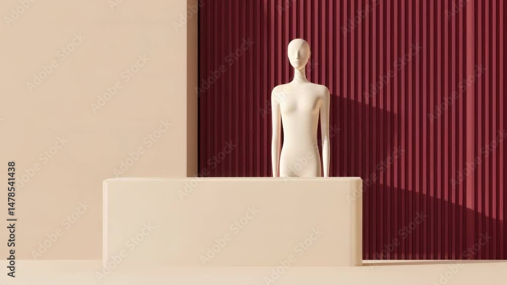 Poster minimalist mannequin display with soft color palette and backdrop.