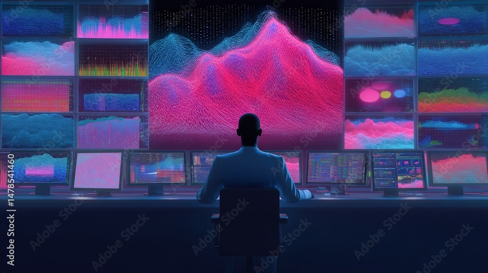 Poster a hightech control room where an agi broker monitors a holographic display of meme networks evaluati