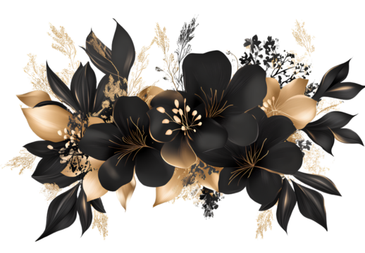 bouquet of black and gold flowers, on a transparent background, in PNG format 