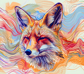 Fototapeta premium an abstract drawing of a fox with colorful lines, precisionist lines, light red and indigo, colorful turbulence with mixed pattern colorful background