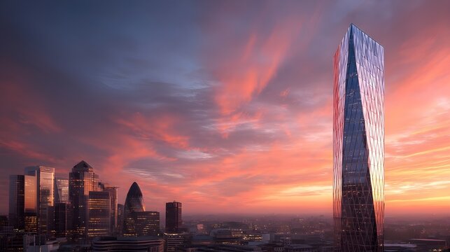 A glass skyscraper rising against urban sunset backdrop reflecting city skyline and modern architectural innovation