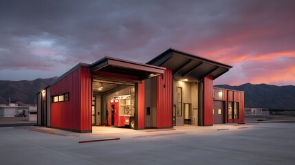 Bold Crimson Rescue Station Cabin With Sliding Doors Set Against Terrain Enabling Swift Emergency Response