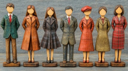 Family Figurines: A charming collection of seven handcrafted wooden figurines, each dressed in vintage-inspired attire, standing in a row.