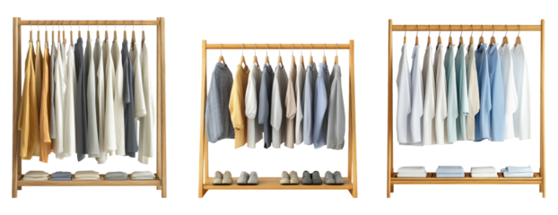 Clothing rack displaying various shirts and pants isolated on a transparent background for commercial use
