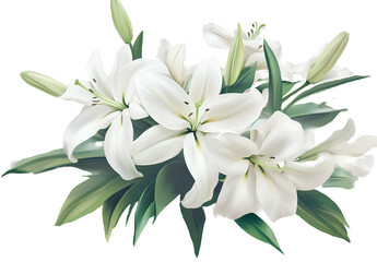 Fototapeta premium bouquet of white lilies isolated on a transparent background, a PNG photo cutout clipart