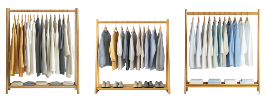 Clothing rack displaying various shirts and pants isolated on a transparent background for commercial use