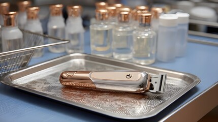Copper antimicrobial clipper on a hospital tray sterilized ready for hygienic grooming in medical environments