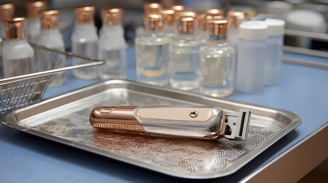 Copper antimicrobial clipper on a hospital tray sterilized ready for hygienic grooming in medical environments