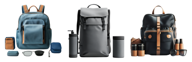 Stylish Backpacks and Accessories Isolated on Transparent Background
