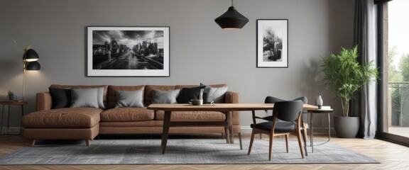 Elegant contemporary dining & living area  Brown sofa, wooden table, grey walls, black & white art ,  grey wall,  grey walls