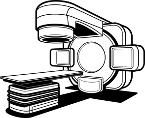 Clean black outline of linear accelerator machine with gantry and patient table, ideal for radiotherapy diagrams, medical infographics, oncology visuals, and survivor awareness designs