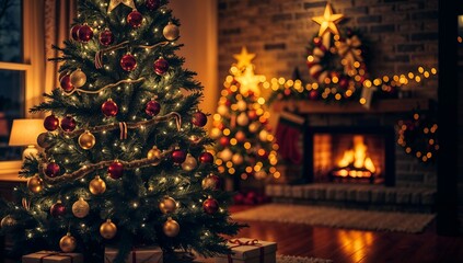 Elegant Christmas Tree in Cozy Living Room with Fireplace and Gift Boxes - Generative AI