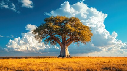 Obraz premium Majestic Baobab Tree Under a Dramatic Sky in the African Savanna