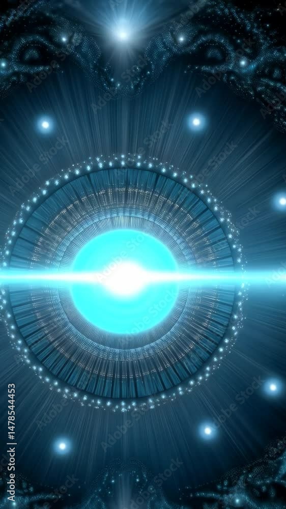 Poster abstract digital rendering of a glowing, radiating concentric circle pattern in shades of blue and b