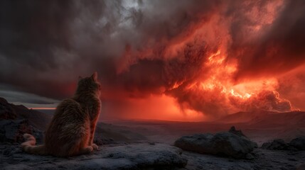 Alert Cat Surveys Volcanic Eruption Aftermath Amid Ash-Covered Landscape With Intense Feline Caution Desolate Scenery
