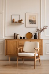 Fototapeta premium Interior design featuring wooden sideboard with decor and chair in a bright room, eye-level shot, home setting