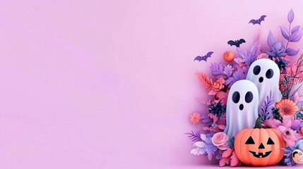 Spooky Halloween scene with ghosts, bats, pumpkin, and flowers, with pink background